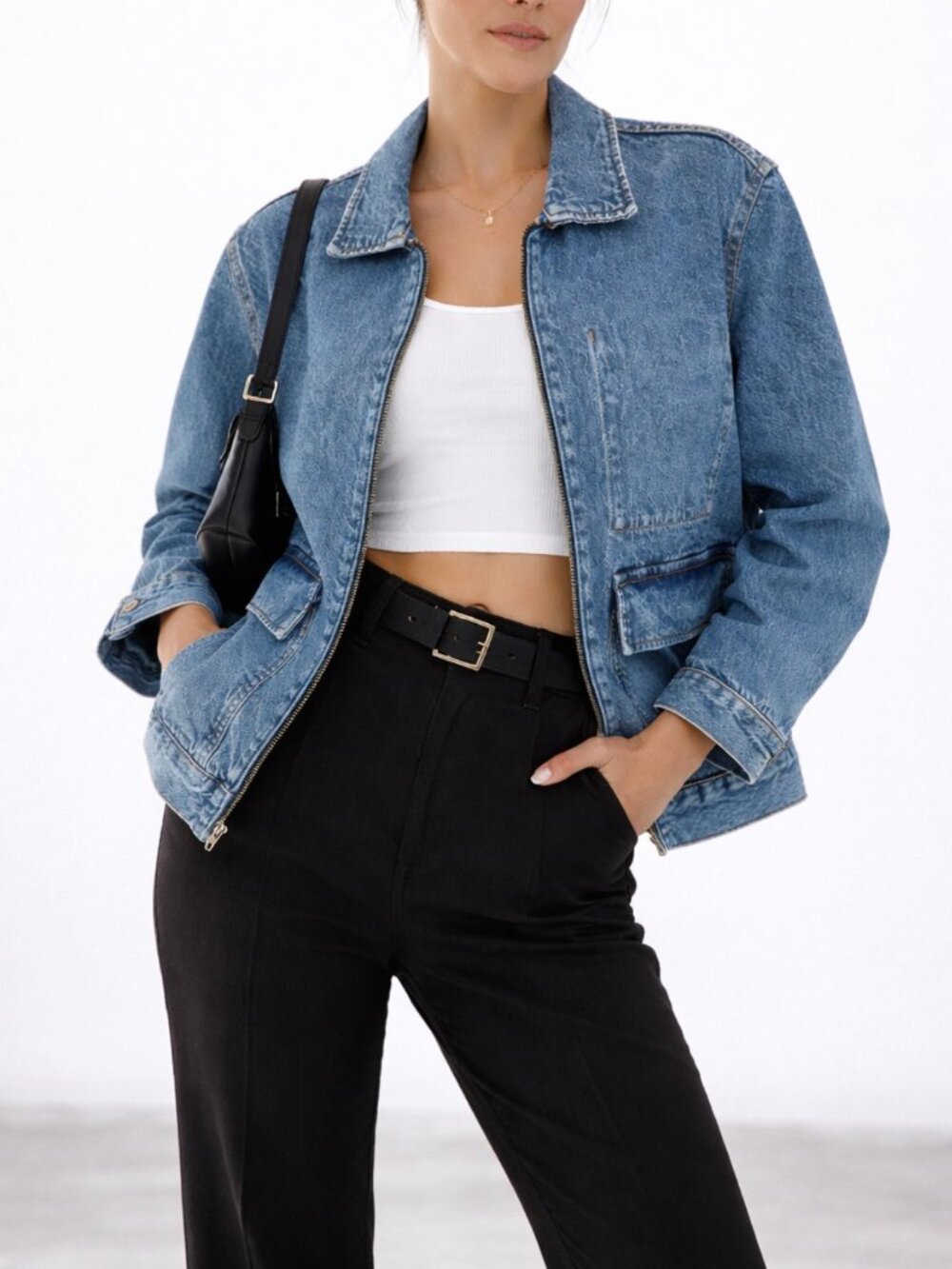 H&M NWT Denim Utility Jacket Zip Boxy Fit Size S